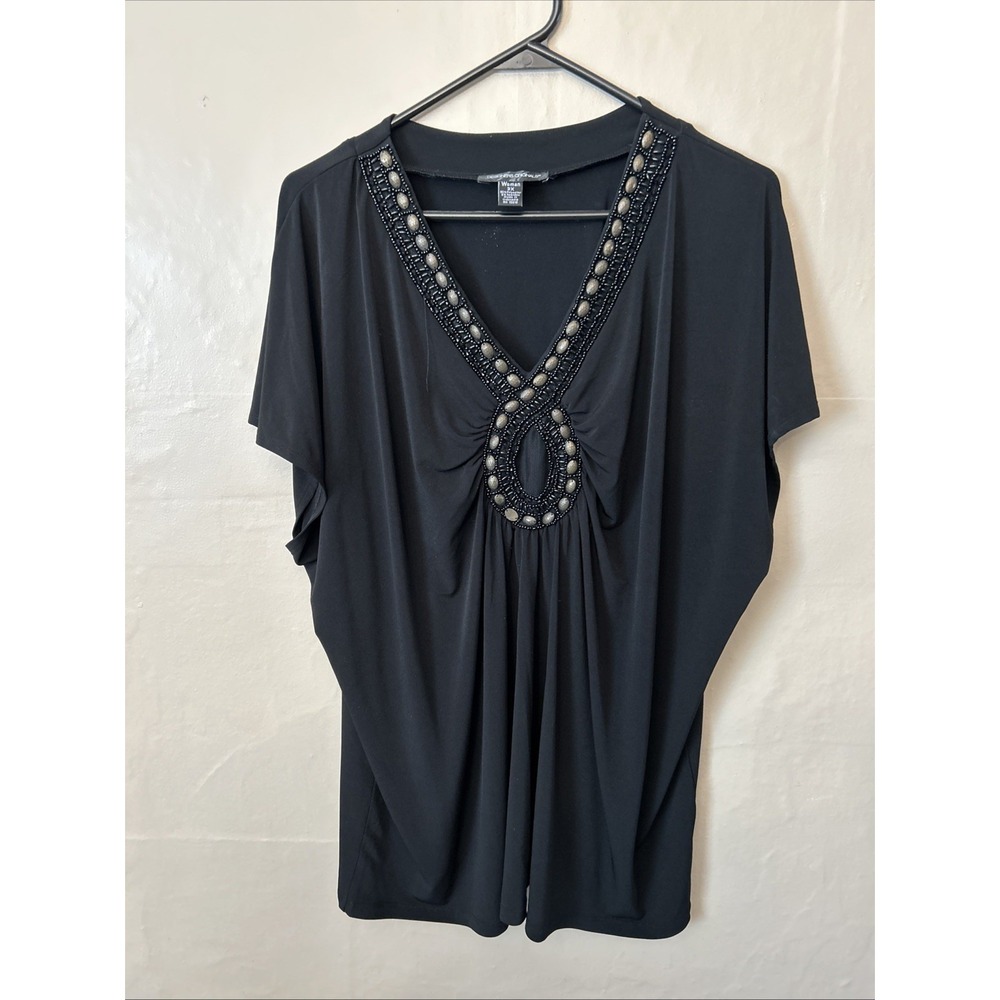 designers originals 3X Black‎ Knit V Neck Short Sleeve Beaded Top